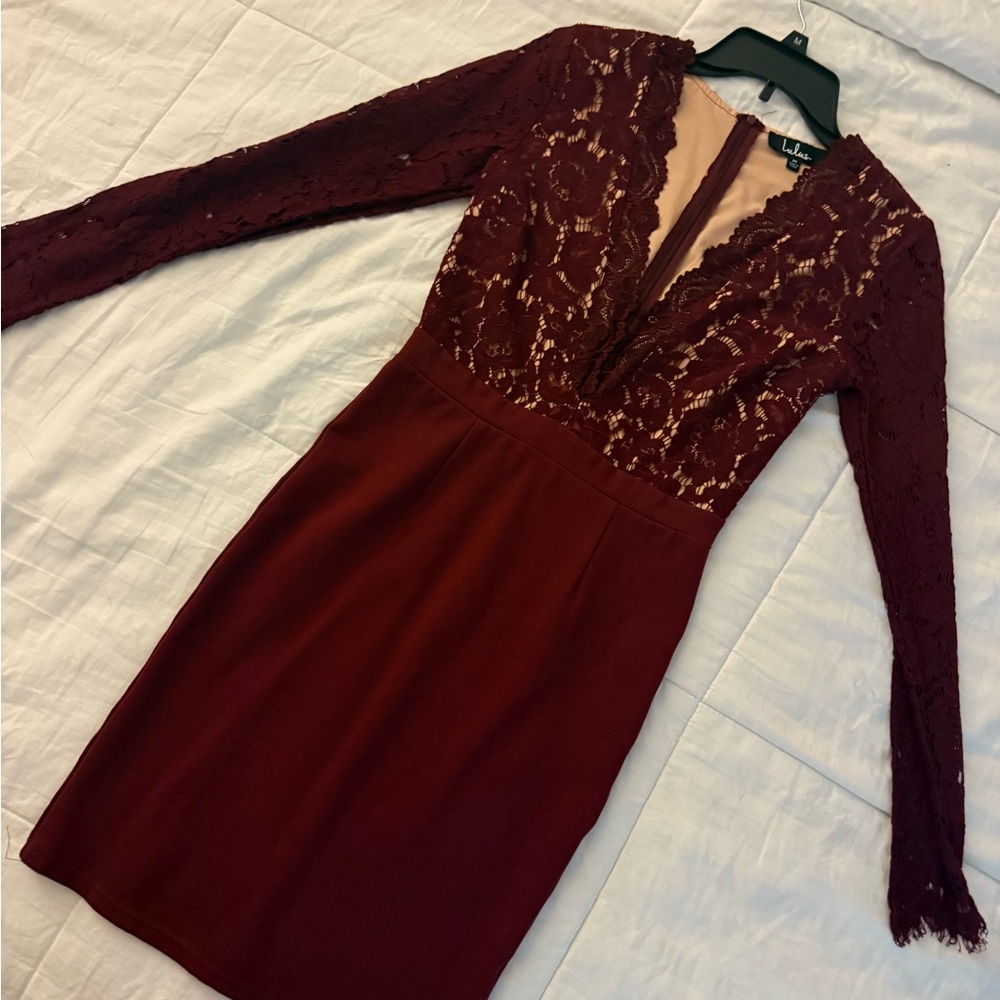 Lulu's Deep Red Lace Long Sleeve Dress